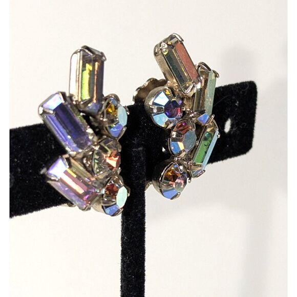Vintage AB Rhinestone Baguette and Round Faceted Earrings - Picture 8 of 9